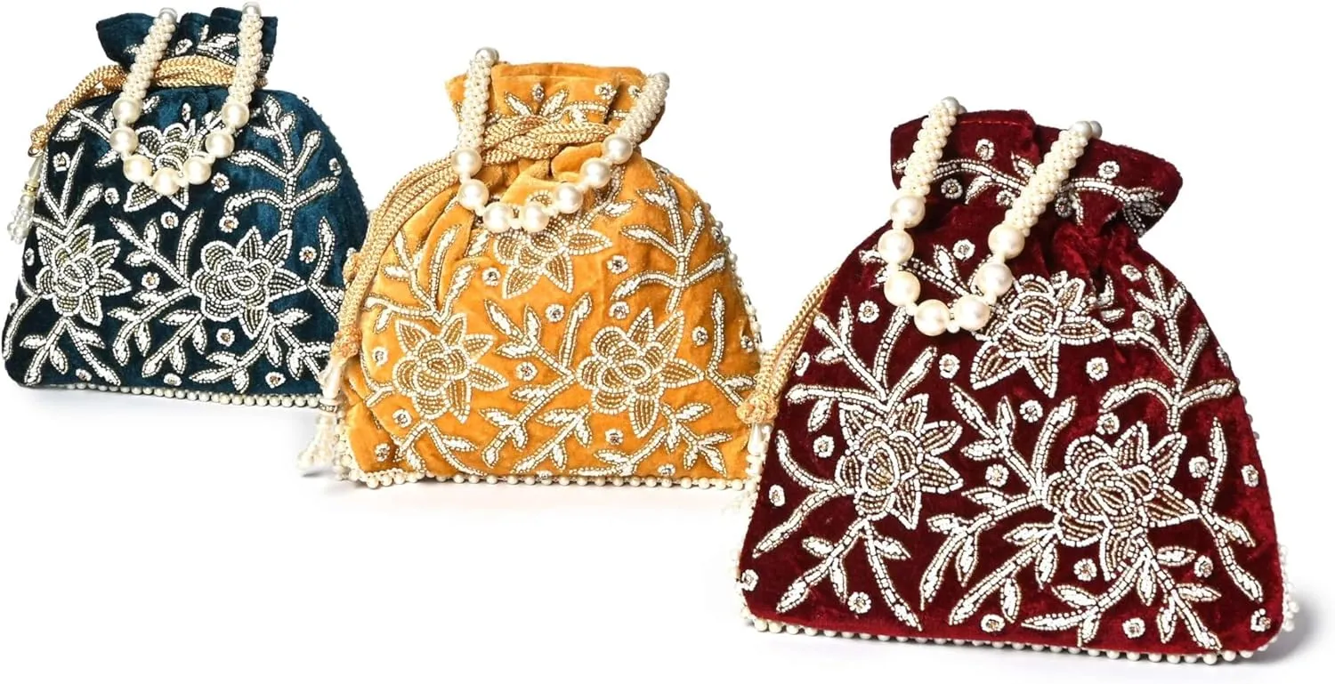 Maroon Velvet Embroidered Potli Bag for Women  Handcrafted Zari Beaded Clutch