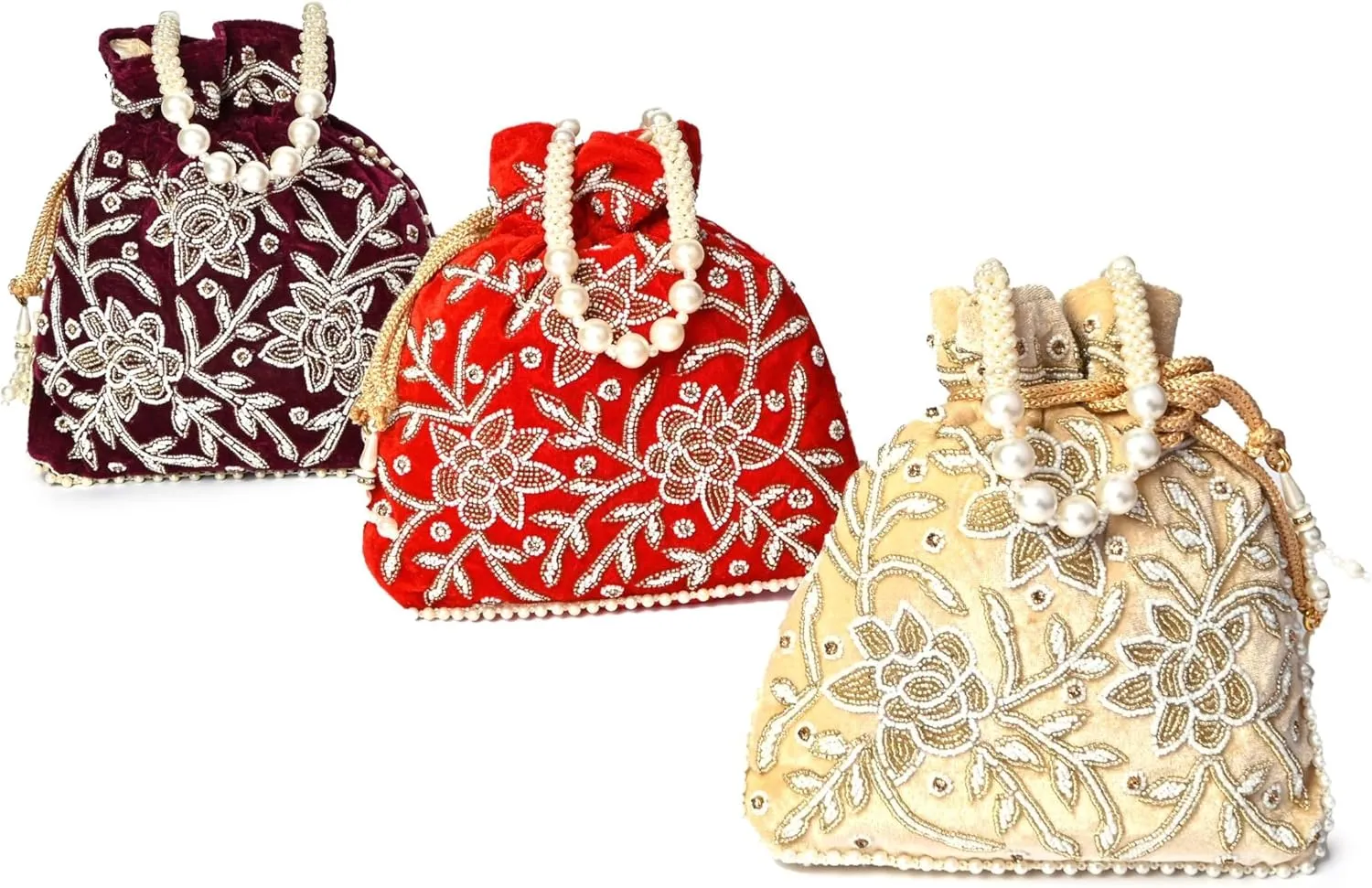 Maroon Velvet Embroidered Potli Bag for Women  Handcrafted Zari Beaded Clutch