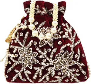 Maroon Velvet Embroidered Potli Bag for Women  Handcrafted Zari Beaded Clutch