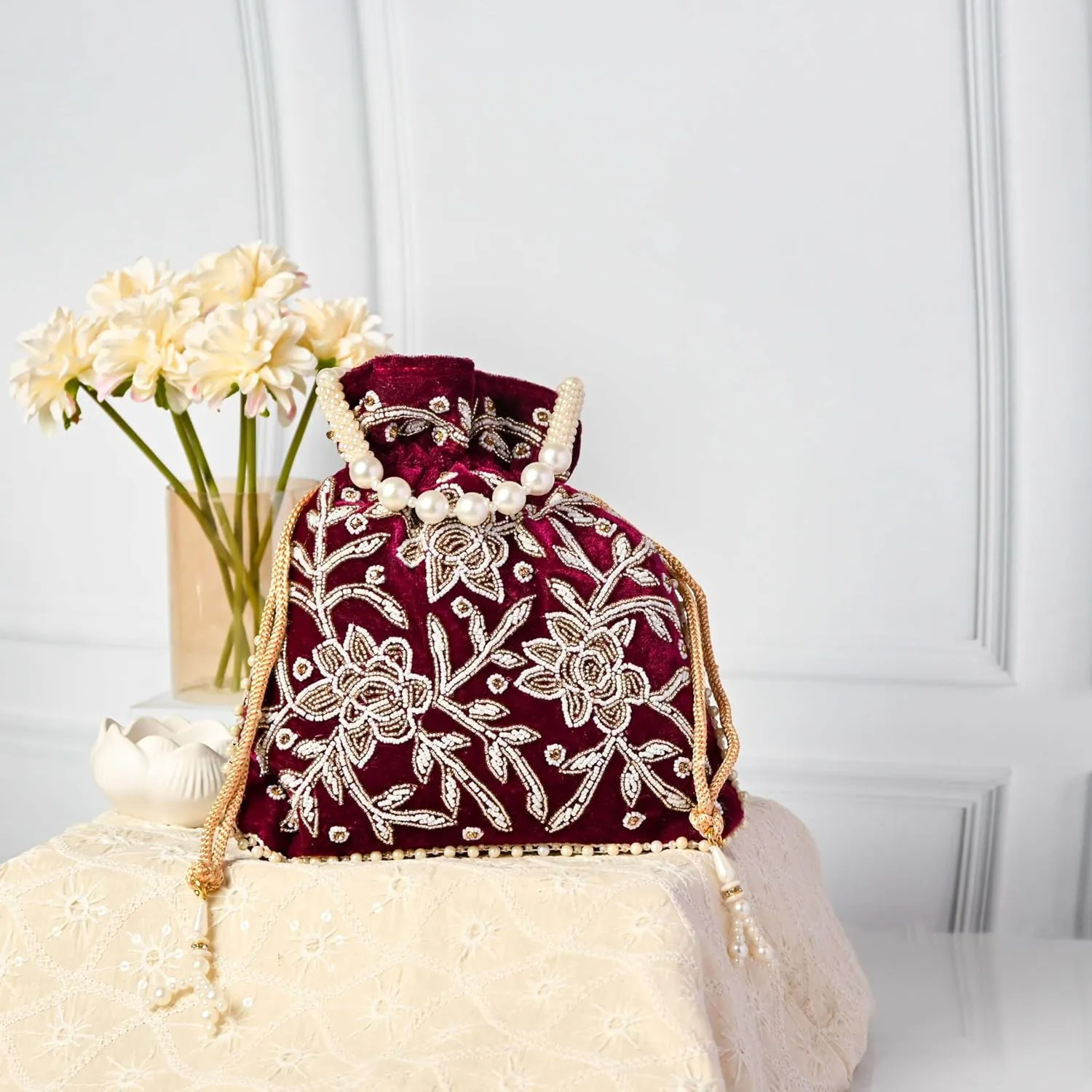 Maroon Velvet Embroidered Potli Bag for Women  Handcrafted Zari Beaded Clutch