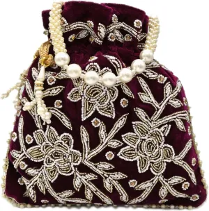 Maroon Velvet Embroidered Potli Bag for Women  Handcrafted Zari Beaded Clutch