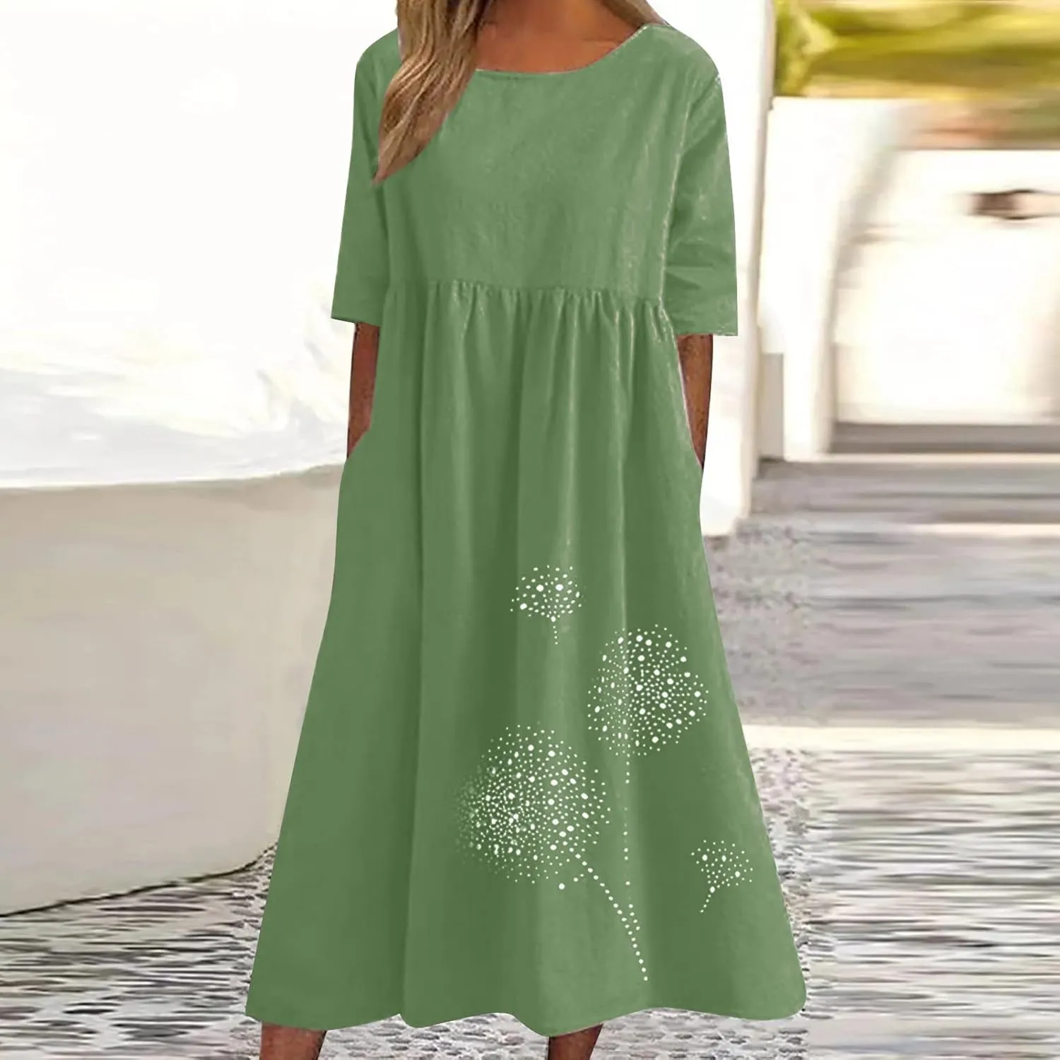 Maxi Dresses for Women 2025 Vacation Boho Dandelion Print Cotton Linen Dress Summer Beach Short Sleeve Shirt Sundress