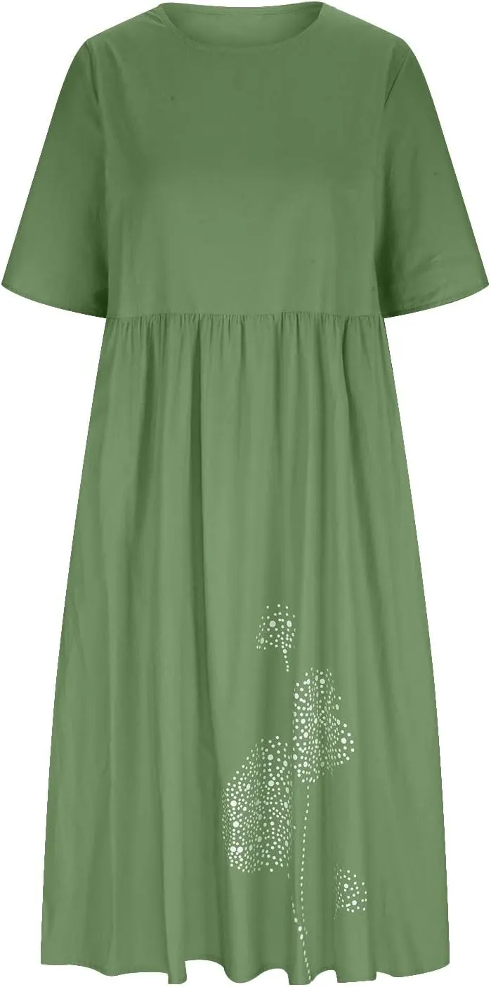Maxi Dresses for Women 2025 Vacation Boho Dandelion Print Cotton Linen Dress Summer Beach Short Sleeve Shirt Sundress