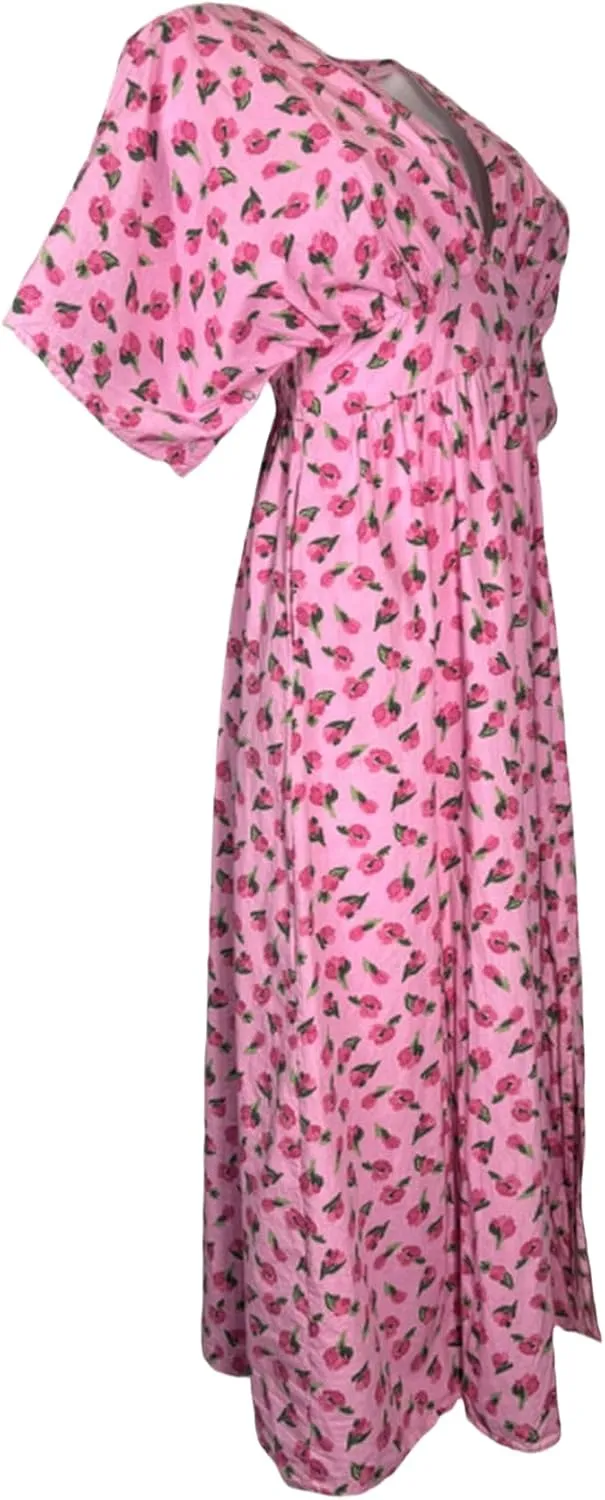 Maxi Summer Floral Dress for Women  Kimono Style with Side Slit & Pocket, 100% Cotton Lightweight Boho Pink Sundress
