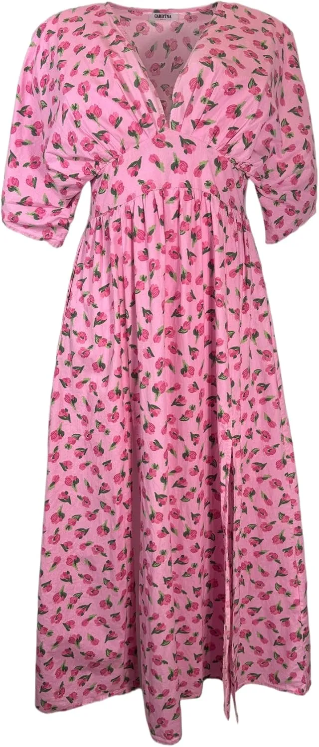 Maxi Summer Floral Dress for Women  Kimono Style with Side Slit & Pocket, 100% Cotton Lightweight Boho Pink Sundress