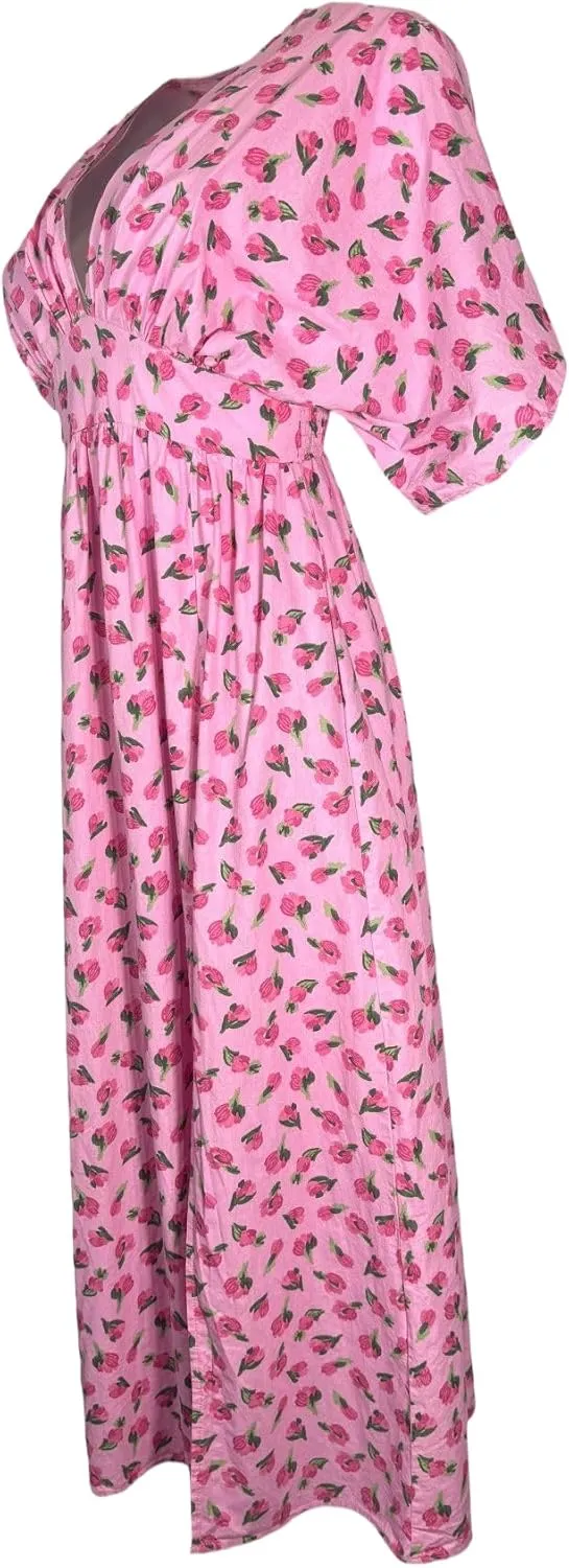 Maxi Summer Floral Dress for Women  Kimono Style with Side Slit & Pocket, 100% Cotton Lightweight Boho Pink Sundress