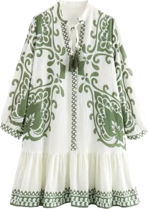 Melliflo Women Summer Spring Ethnic Bohemian Dress Casual Long Sleeve Notched V Neck Floral Print Ruffle Mini Dress 2025