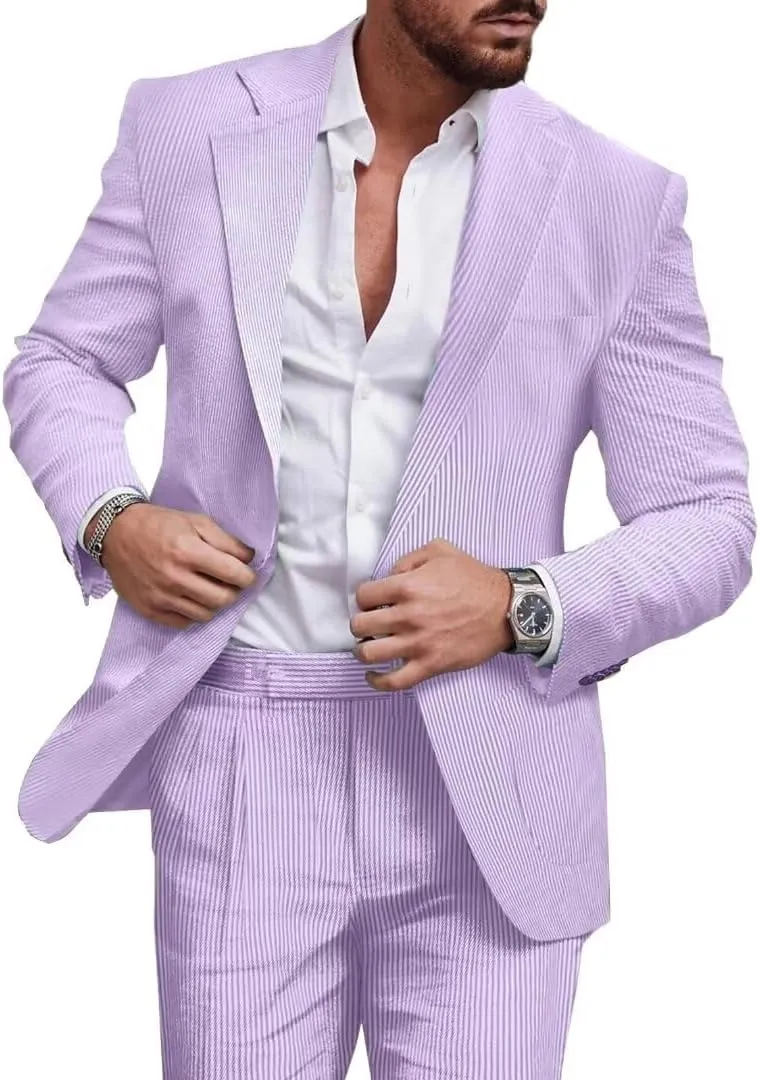 Mens 2-Piece Seersucker Suit Men Beach Wedding Casual Prom Summer Wear Striped Blazer and Pants