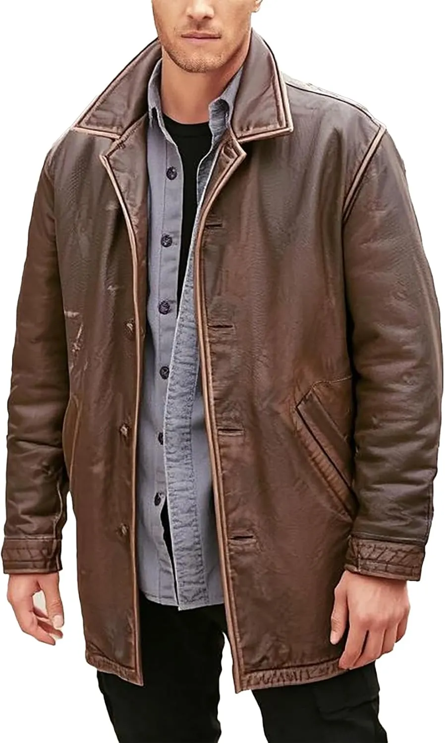 Men's 3/4 Mid Length Genuine Leather Trench Coat - Distressed Brown 3/4 Vintage Leather Duster Car Coat Men