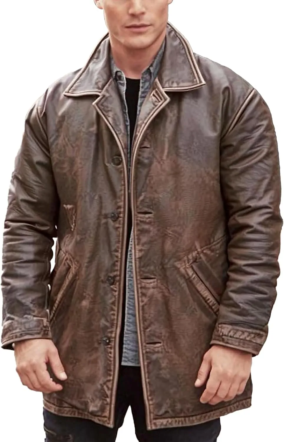 Men's 3/4 Mid Length Genuine Leather Trench Coat - Distressed Brown 3/4 Vintage Leather Duster Car Coat Men