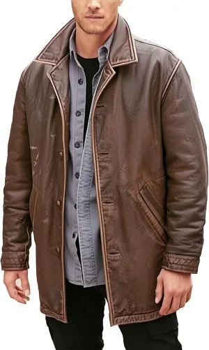 Men's 3/4 Mid Length Genuine Leather Trench Coat - Distressed Brown 3/4 Vintage Leather Duster Car Coat Men