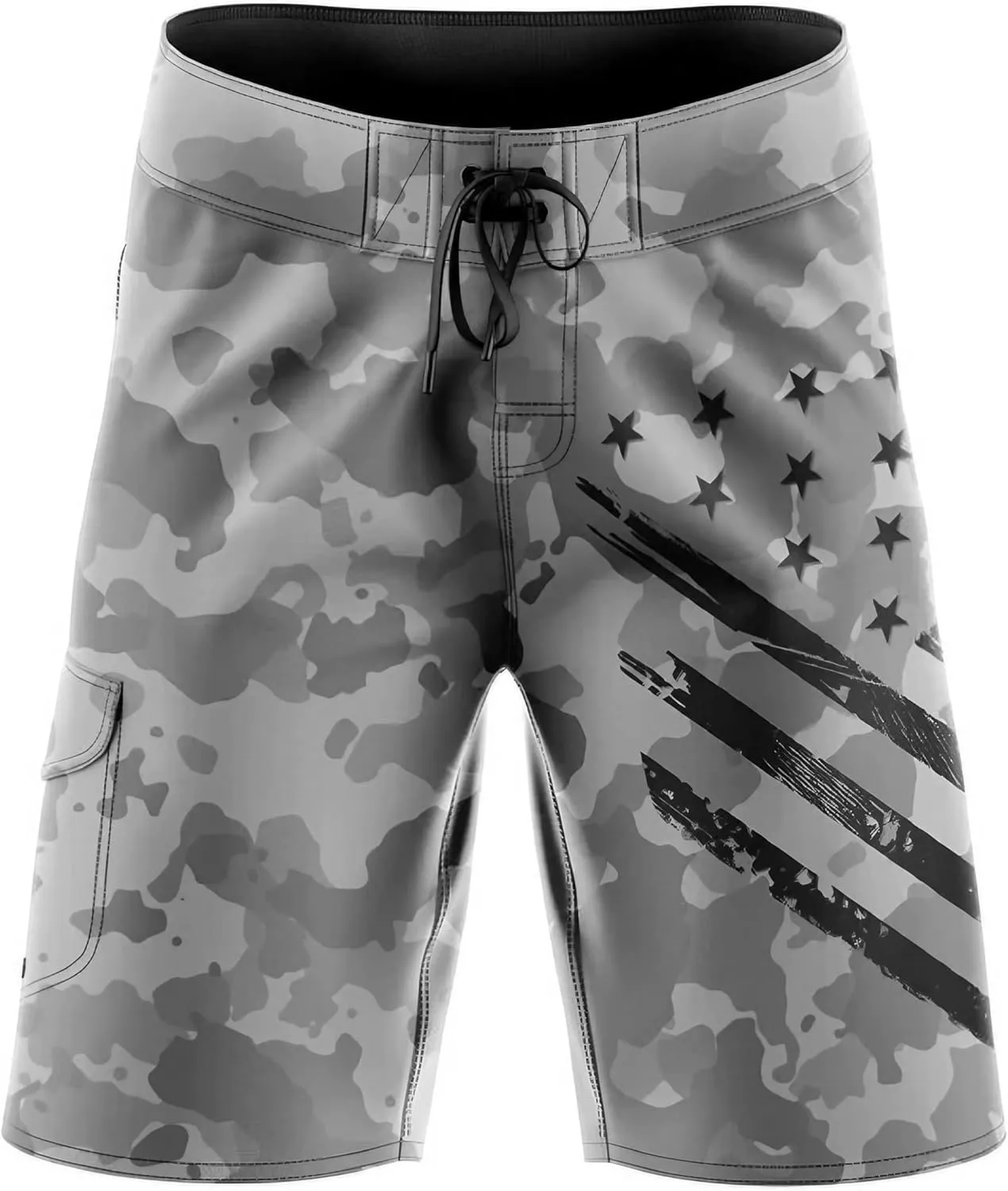 Men's American Flag Board Shorts, Decorated in The USA - Grey Camo Black Crest