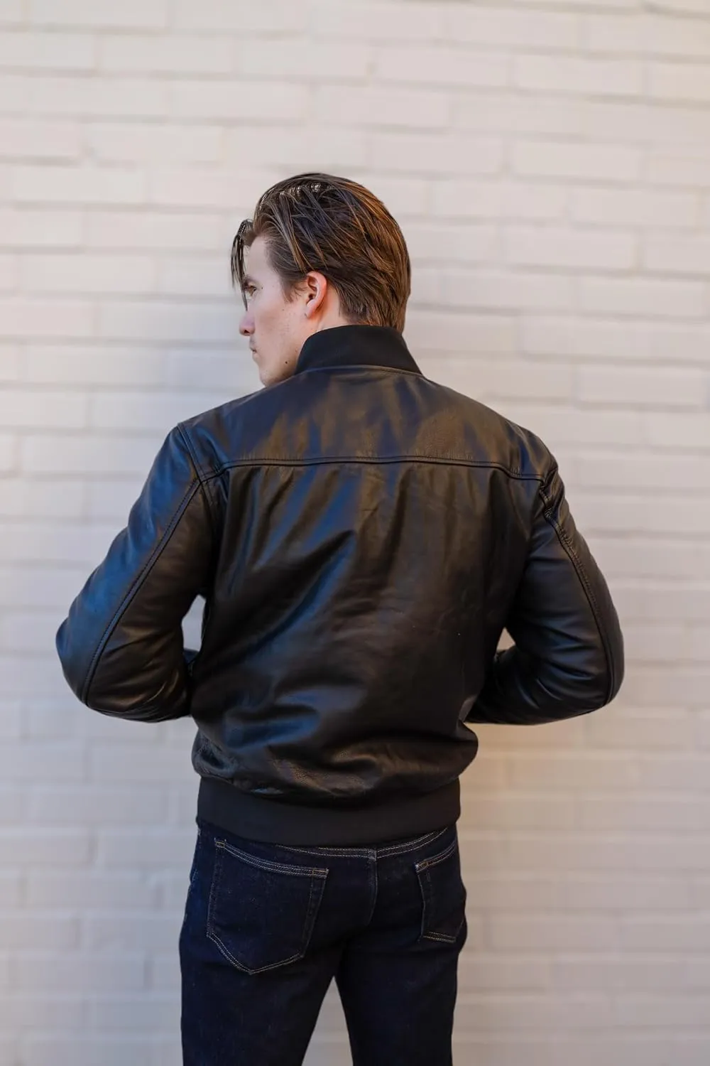 Mens Bomber Black Leather Jacket - Full Grain Premium Cow Hide Leather