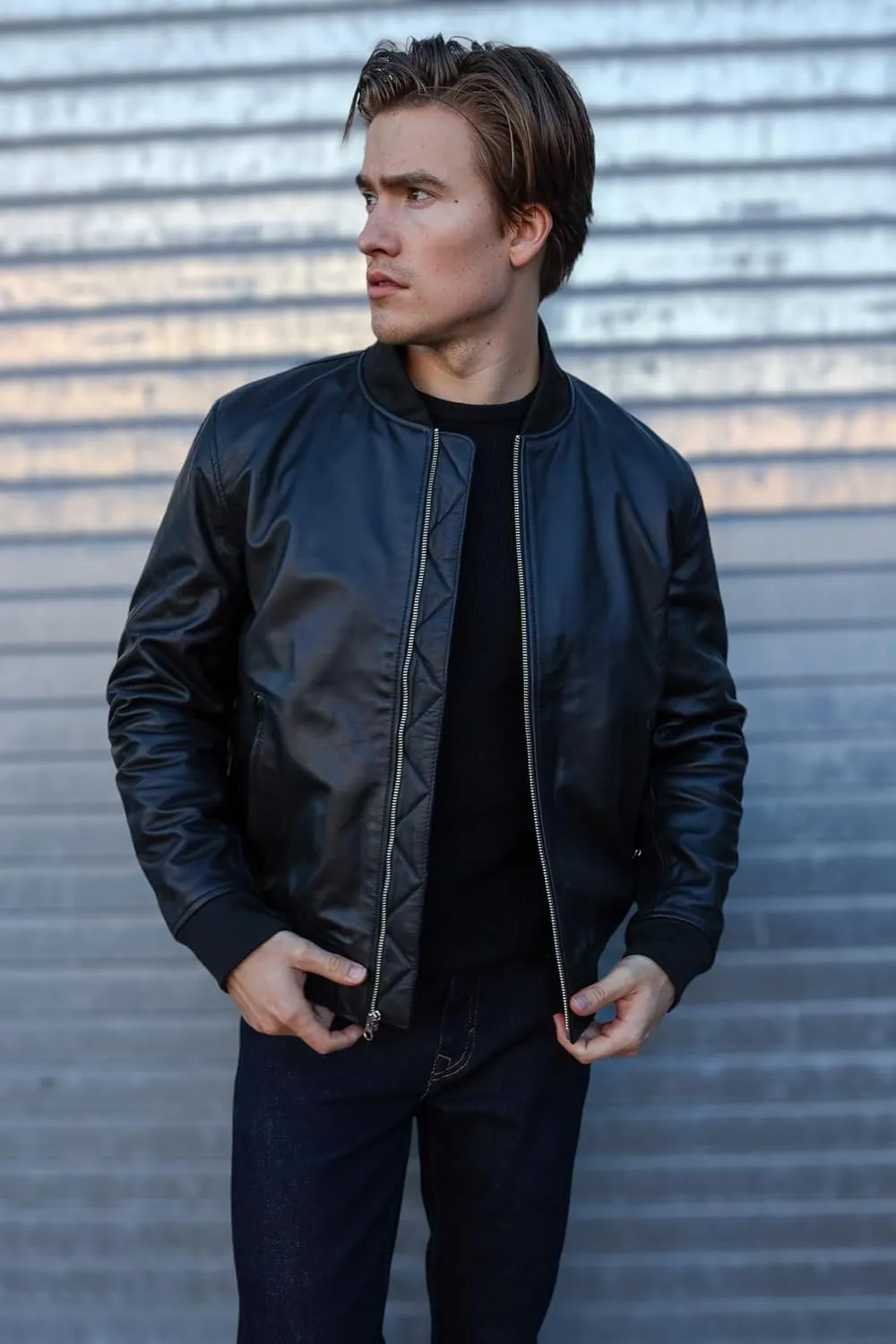 Mens Bomber Black Leather Jacket - Full Grain Premium Cow Hide Leather