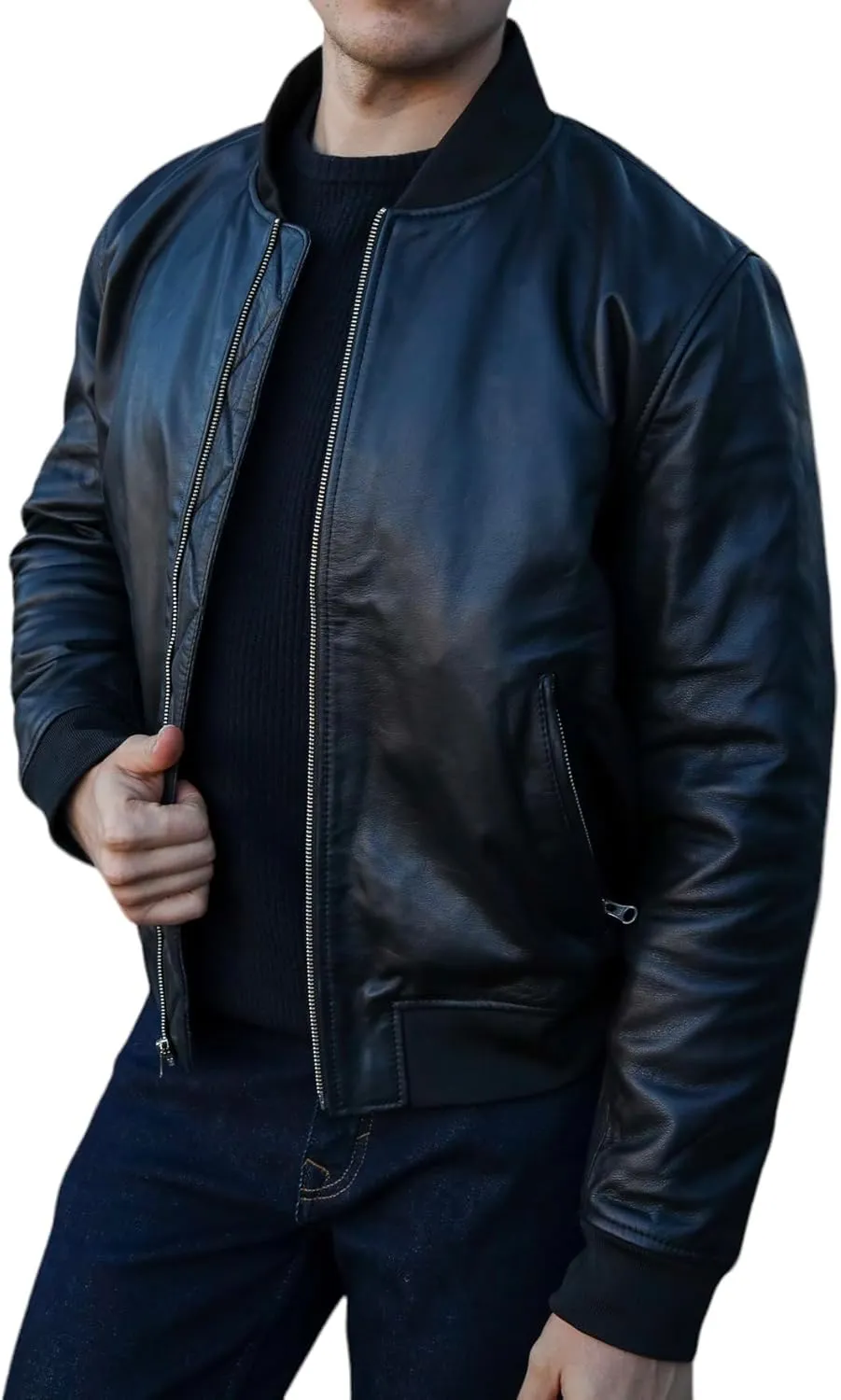 Mens Bomber Black Leather Jacket - Full Grain Premium Cow Hide Leather