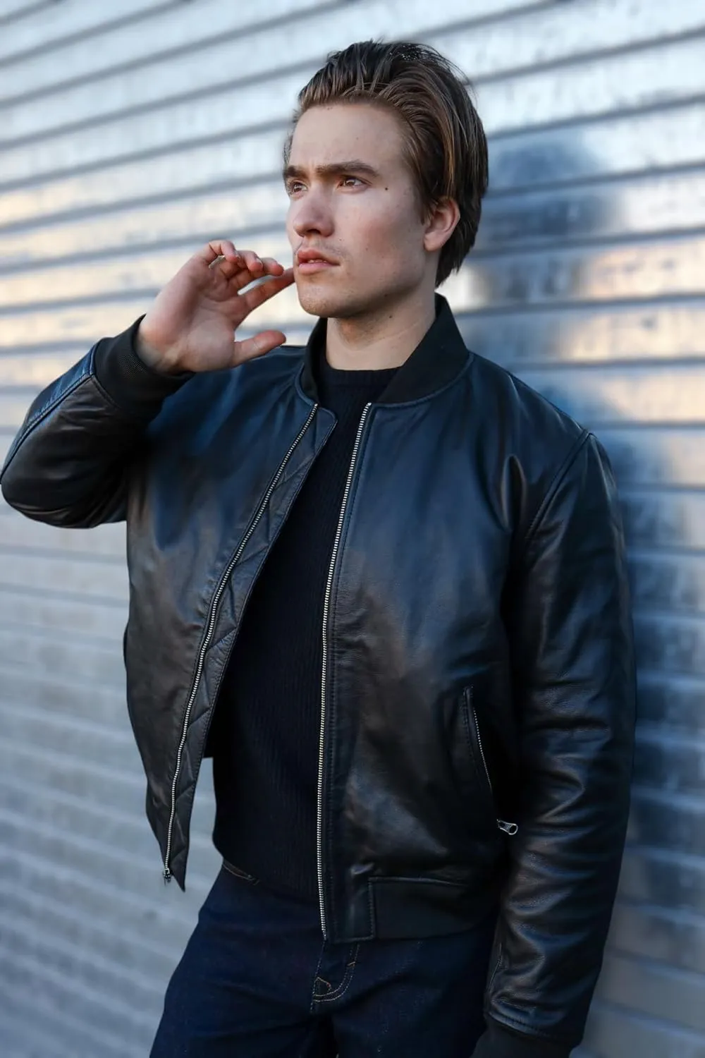 Mens Bomber Black Leather Jacket - Full Grain Premium Cow Hide Leather