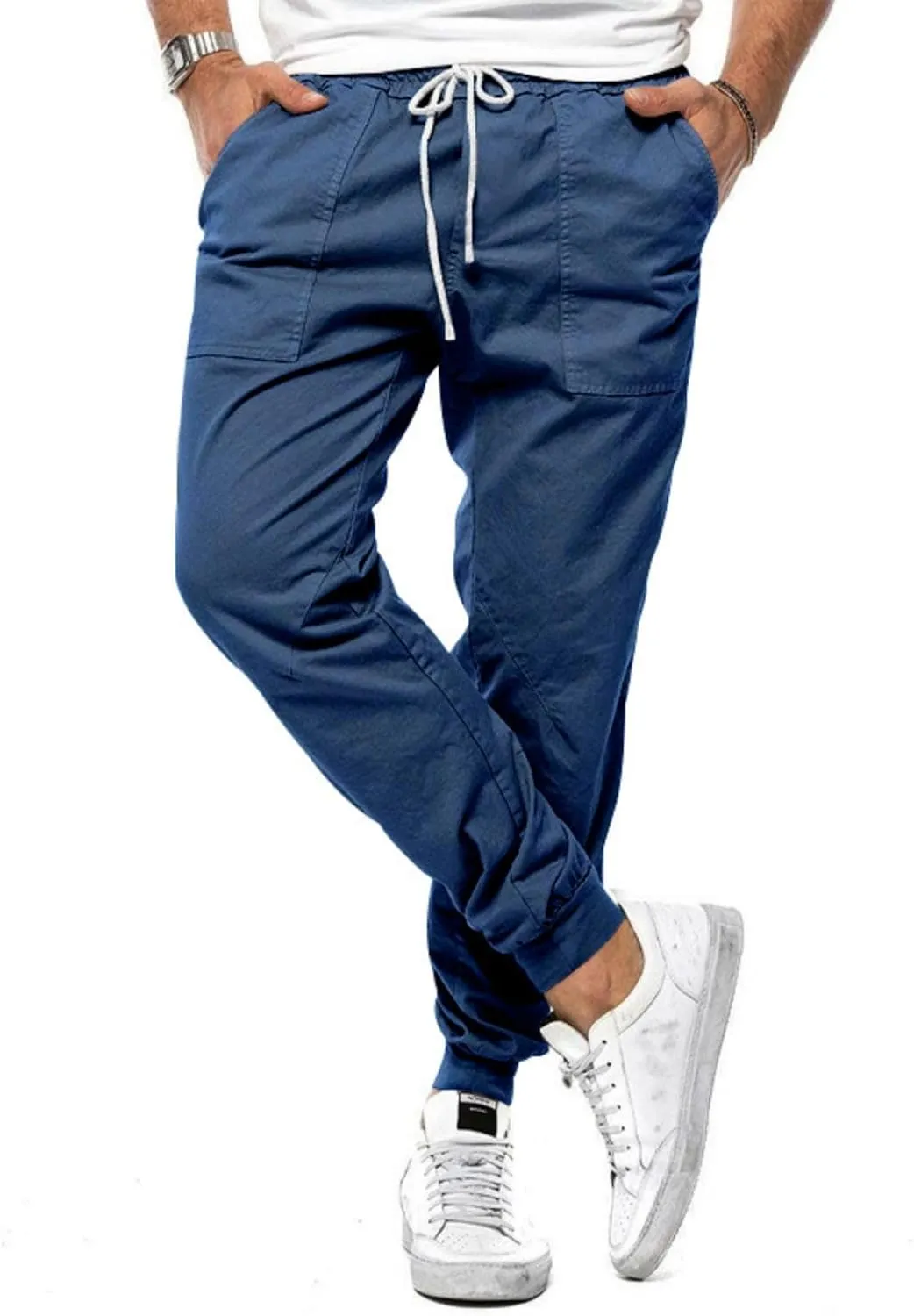 Men's Casual Drawstring Elastic Waist Pants Flat Front Casual Jogger Pants Trousers with Pockets