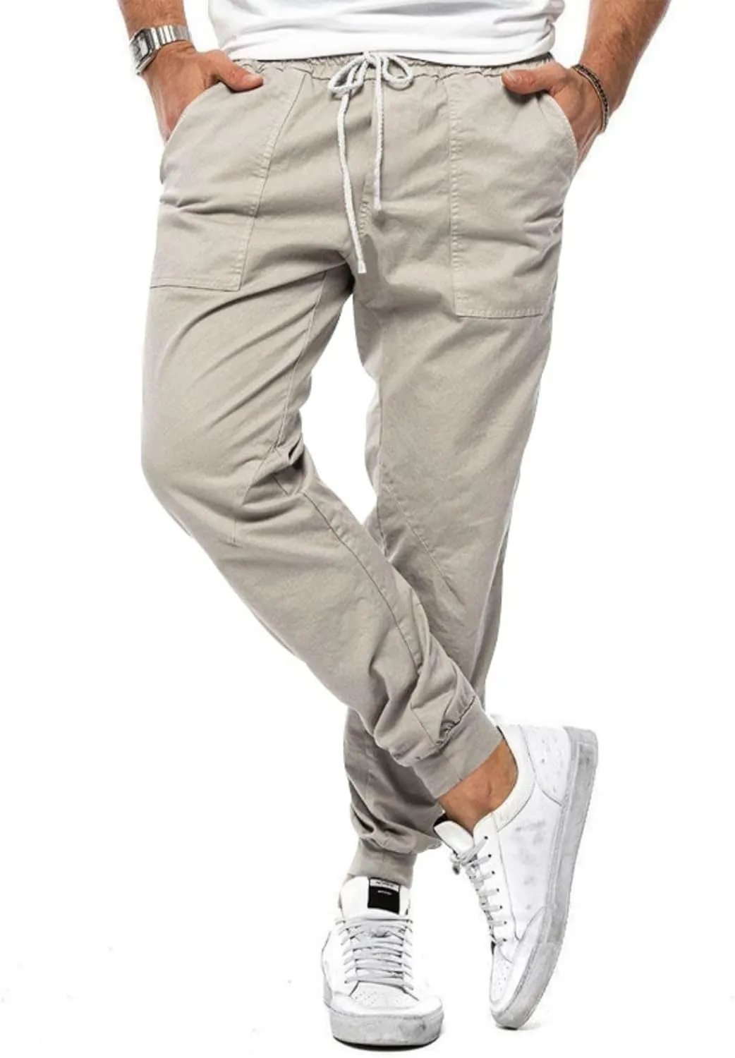 Men's Casual Drawstring Elastic Waist Pants Flat Front Casual Jogger Pants Trousers with Pockets