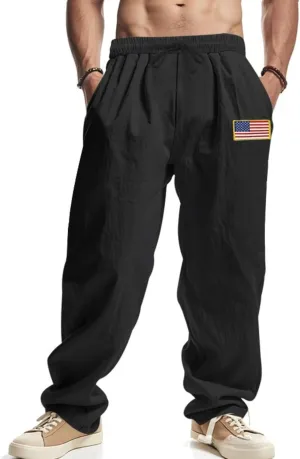 Mens Linen Pants Casual Fashion Vintage Loose Fit Wide Legs Trousers Solid Color Drawstring Waisted Pants Pockets