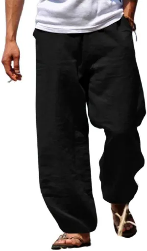 Men's Linen Pants Summer Beach Pant Casual Solid Drawstring Yoga Pants Trousers