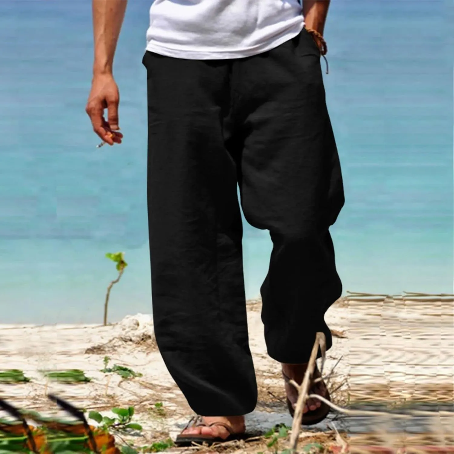 Men's Linen Pants Summer Beach Pant Casual Solid Drawstring Yoga Pants Trousers