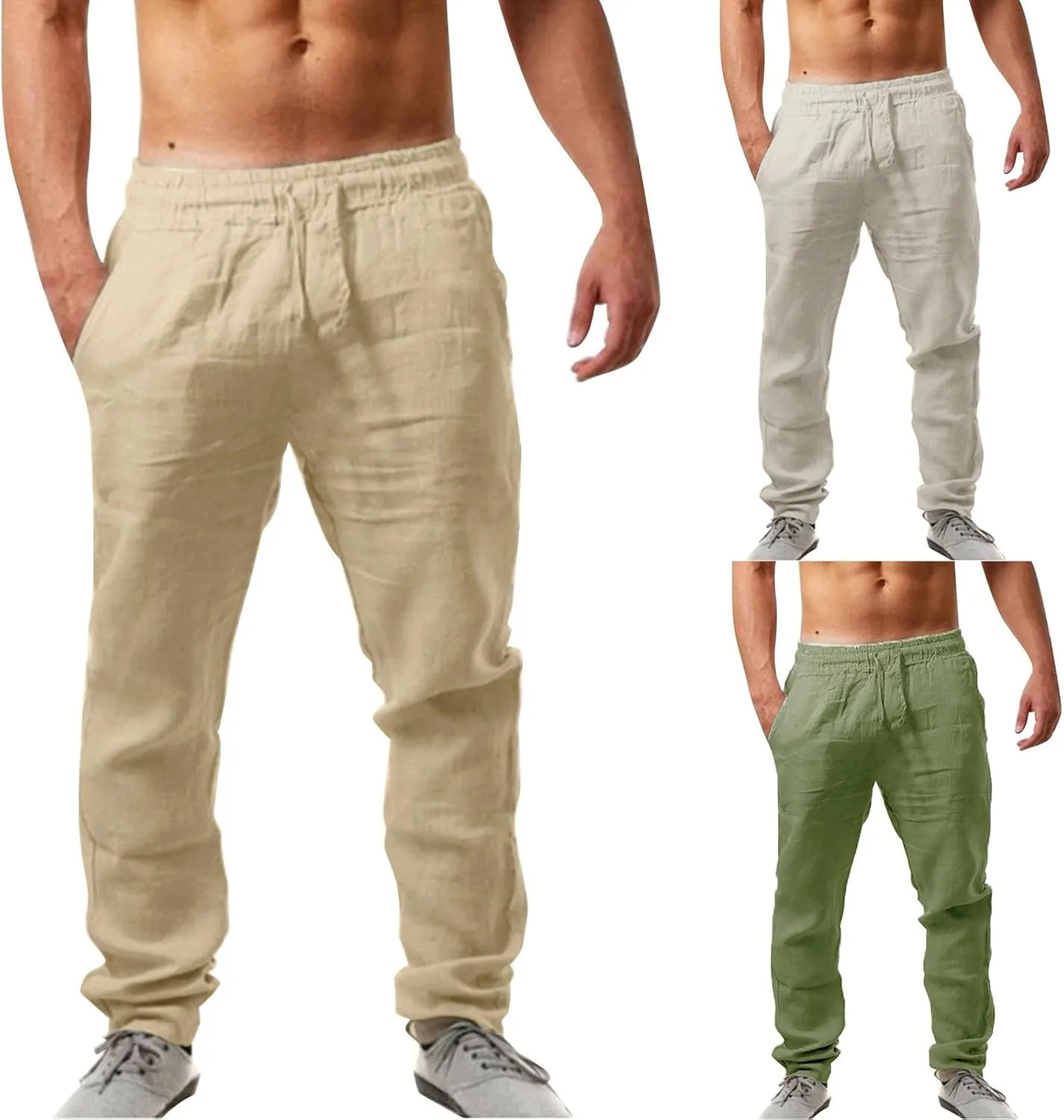 Mens Summer Lightweight Pants Elastic Waist Solid Color Trouser Beach Pants Outdoor Joggers with Pocket