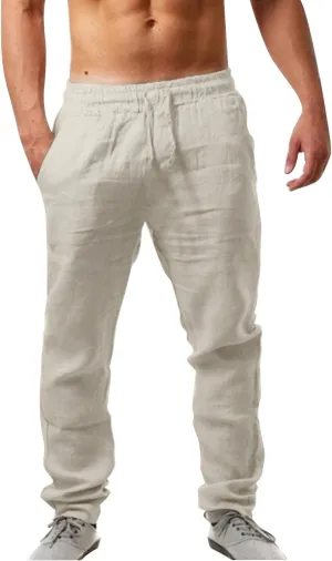 Mens Summer Lightweight Pants Elastic Waist Solid Color Trouser Beach Pants Outdoor Joggers with Pocket