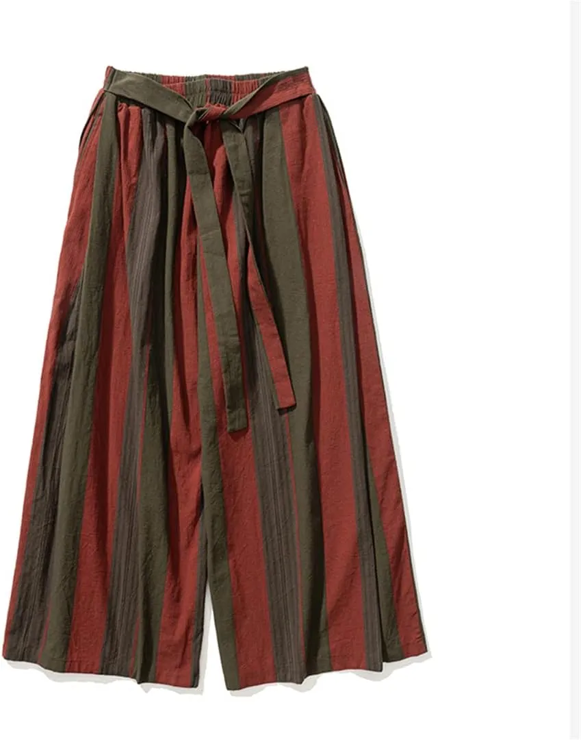 Men's Wide Leg Pants Stripes Casual Cotton Joggers Harem Pants Japanese Kimono Trousers