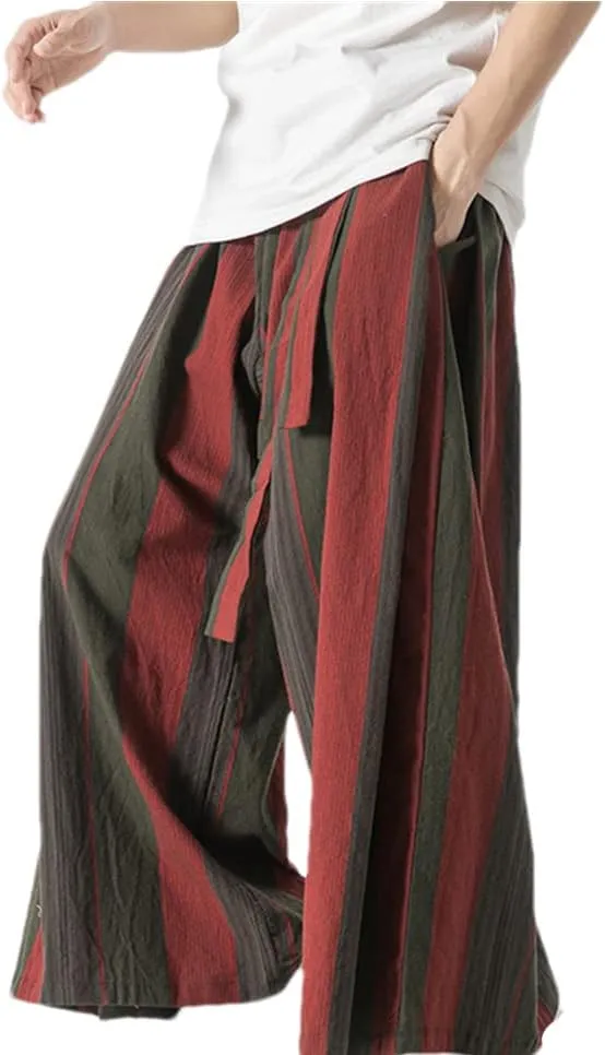 Men's Wide Leg Pants Stripes Casual Cotton Joggers Harem Pants Japanese Kimono Trousers