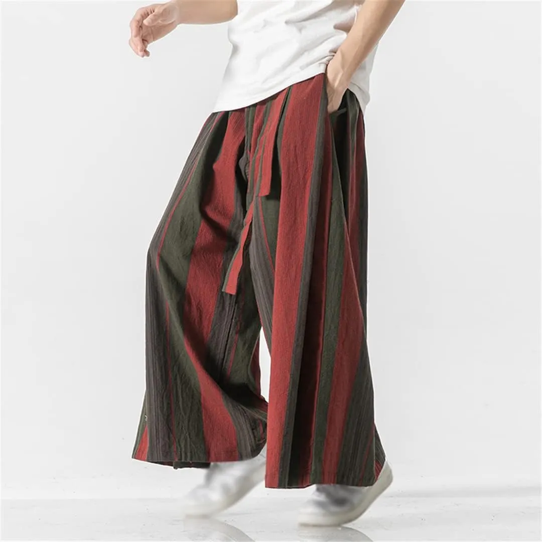 Men's Wide Leg Pants Stripes Casual Cotton Joggers Harem Pants Japanese Kimono Trousers