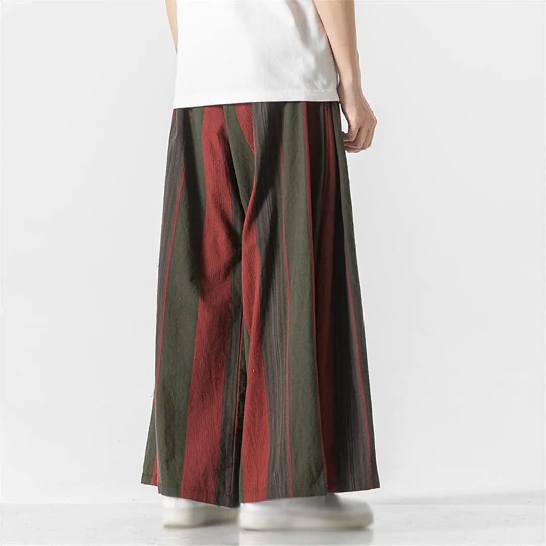 Men's Wide Leg Pants Stripes Casual Cotton Joggers Harem Pants Japanese Kimono Trousers