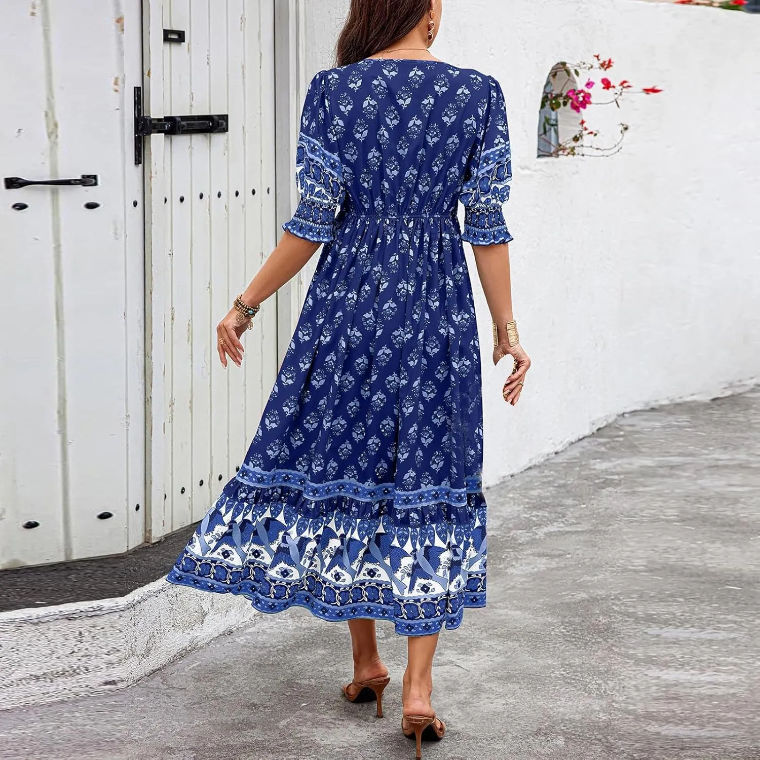 Mexican Dresses for Women 2024 V Neck Puff Sleeve Clothing Printed Stretchy Boho Trendy Dress Graphic Cami Travel