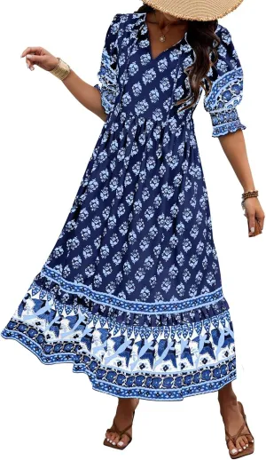 Mexican Dresses for Women 2024 V Neck Puff Sleeve Clothing Printed Stretchy Boho Trendy Dress Graphic Cami Travel