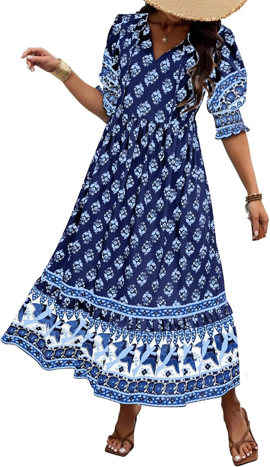 Mexican Dresses for Women 2024 V Neck Puff Sleeve Clothing Printed Stretchy Boho Trendy Dress Graphic Cami Travel