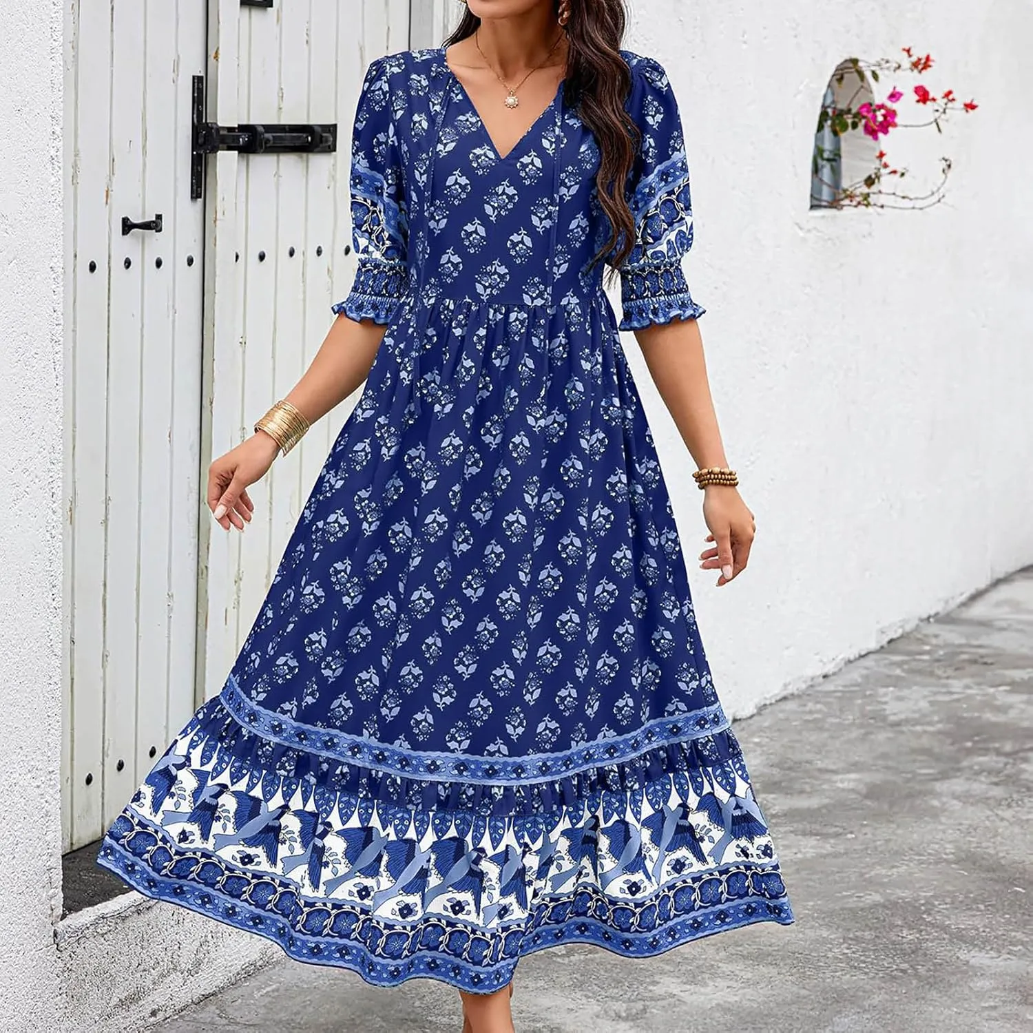 Mexican Dresses for Women 2024 V Neck Puff Sleeve Clothing Printed Stretchy Boho Trendy Dress Graphic Cami Travel