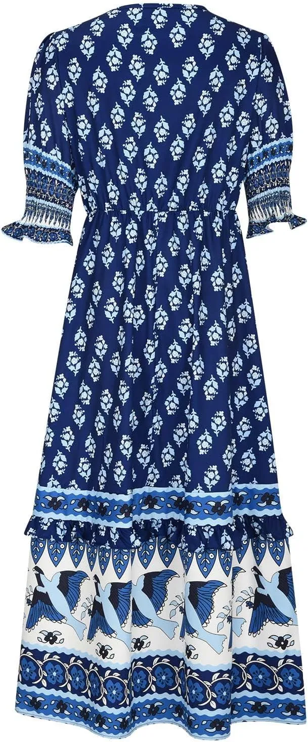 Mexican Dresses for Women 2024 V Neck Puff Sleeve Clothing Printed Stretchy Boho Trendy Dress Graphic Cami Travel