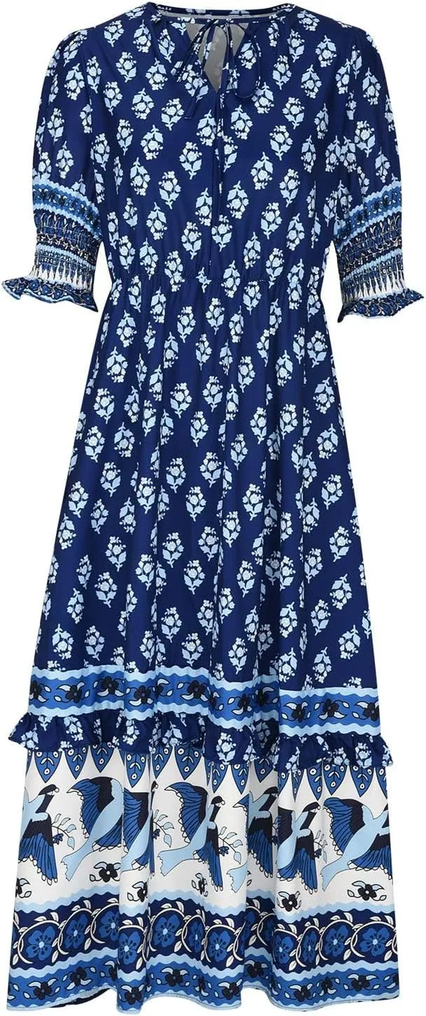 Mexican Dresses for Women 2024 V Neck Puff Sleeve Clothing Printed Stretchy Boho Trendy Dress Graphic Cami Travel