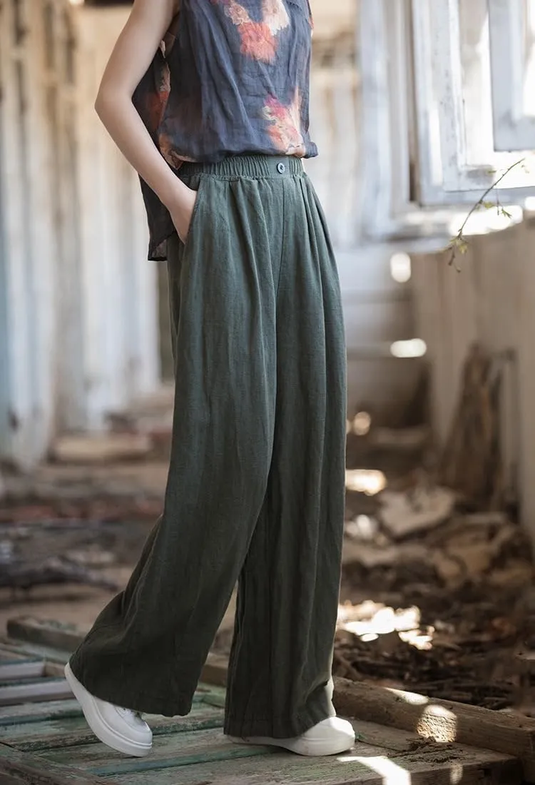 Minibee Women's Cotton Linen Palazzo Pants Wide Leg Casual Baggy Loose Lounge Trousers with Pockets