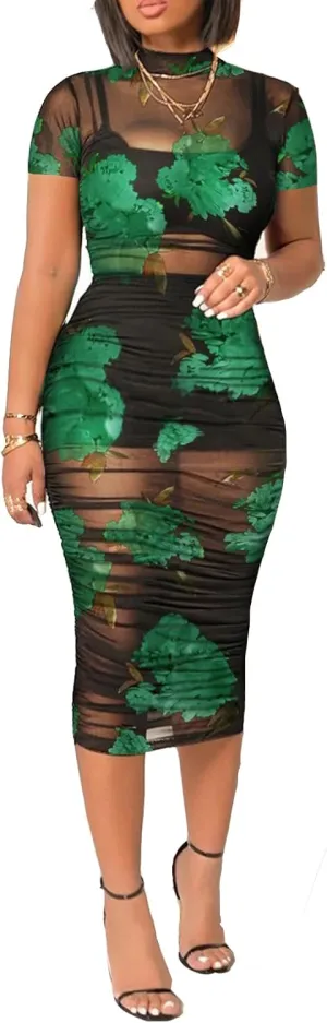 Mojessy Sheer Dress for Women Sexy Short Sleeve Ruched Mesh Bodycon Dress Adjustable Strap Top Mini Skirt 3 Piece Outfits Set