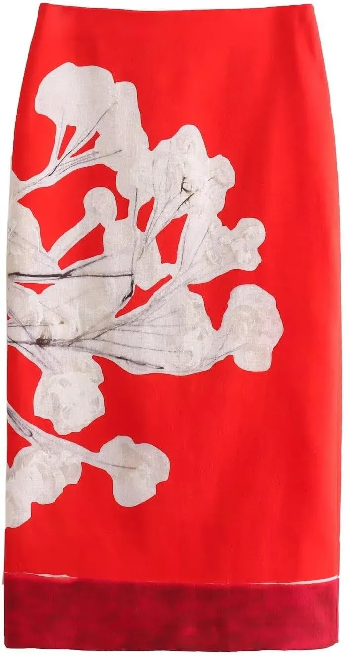 MOLERFO Floral Midi Skirt Pink Skirt for Women Long Maxi Skirt with Slit Linen Pencil Skirt