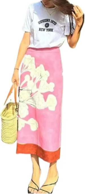 MOLERFO Floral Midi Skirt Pink Skirt for Women Long Maxi Skirt with Slit Linen Pencil Skirt
