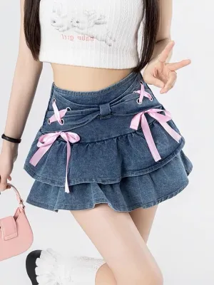 MOLERFO Women's Skirts Pleated Skirt Jean Mini Skirt High Waisted Ruffle A-line Denim Skirt Short Skirts with Bow (Blue,Large)