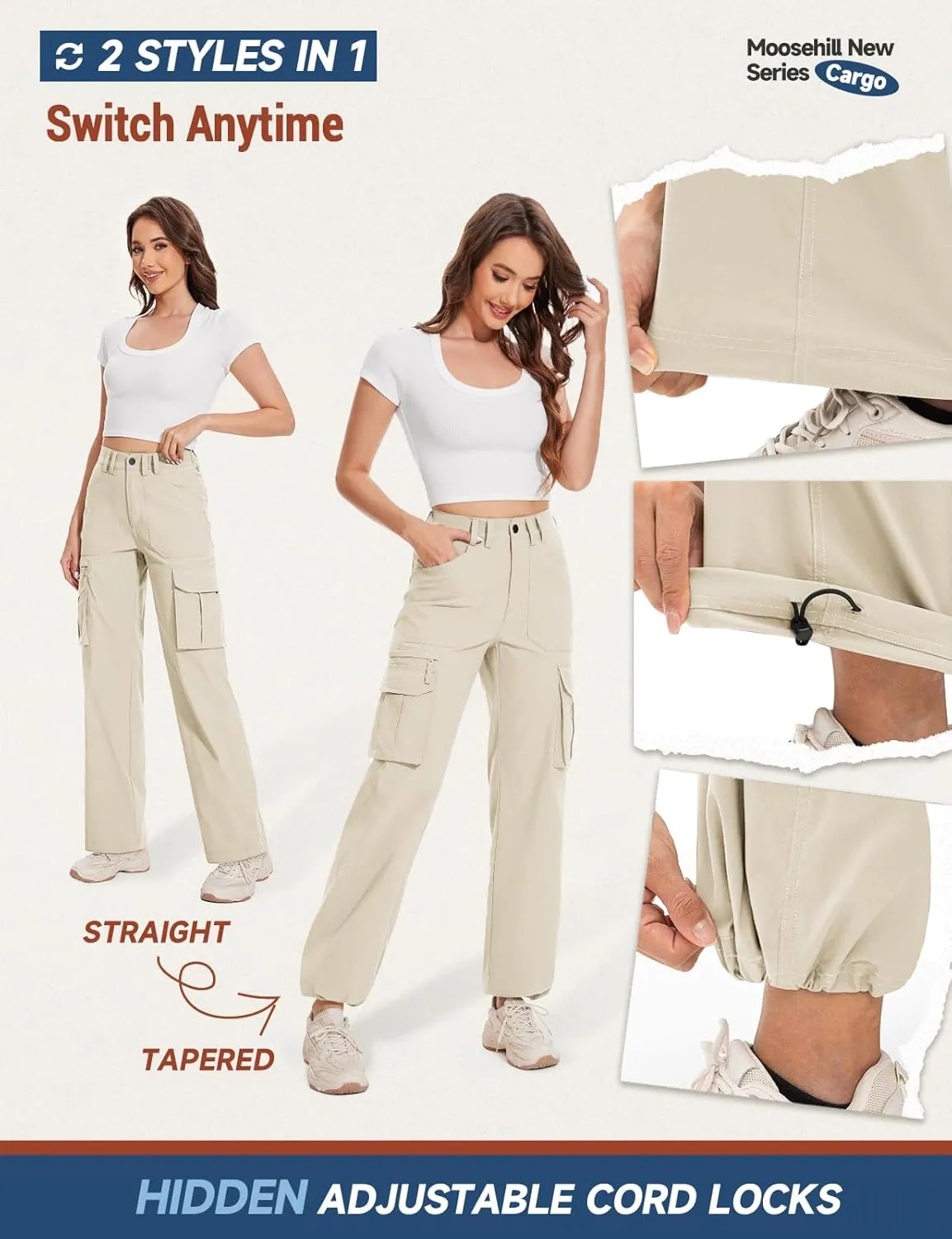 Moosehill Cargo Hiking Pants Women High Waisted Water Resistance Baggy Stretch Work Casual Travel Streetwear