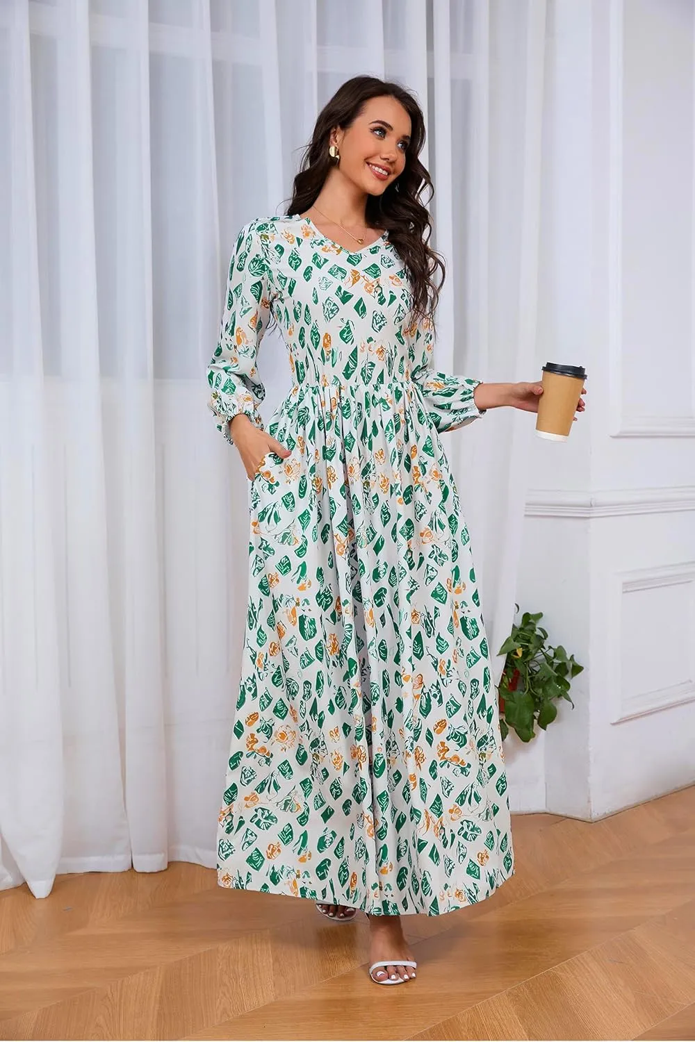 MsavigVice Women's Maxi Dresses Floral Printed Boho Casual V Neck Long Sleeve Elastic Waist Loose Floor Length Dress