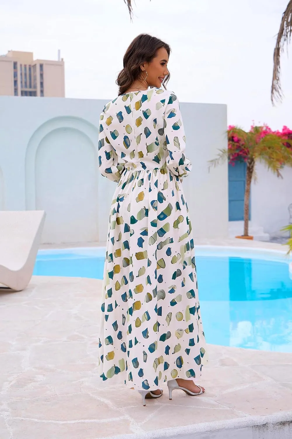 MsavigVice Women's Maxi Dresses Floral Printed Boho Casual V Neck Long Sleeve Elastic Waist Loose Floor Length Dress