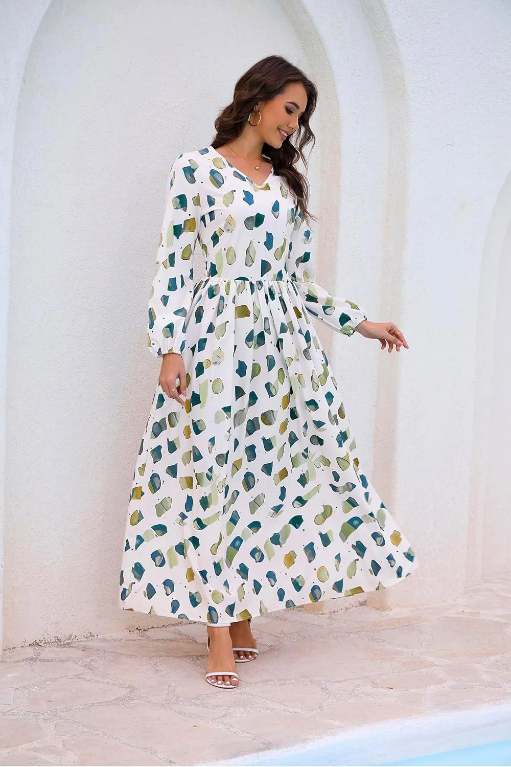 MsavigVice Women's Maxi Dresses Floral Printed Boho Casual V Neck Long Sleeve Elastic Waist Loose Floor Length Dress