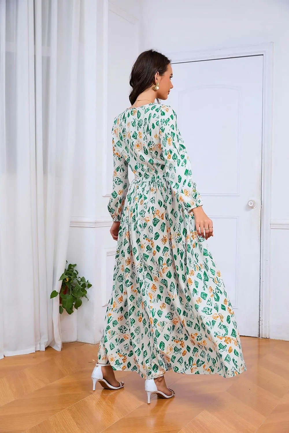 MsavigVice Women's Maxi Dresses Floral Printed Boho Casual V Neck Long Sleeve Elastic Waist Loose Floor Length Dress