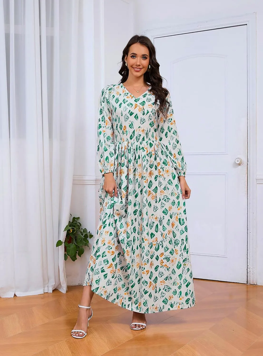 MsavigVice Women's Maxi Dresses Floral Printed Boho Casual V Neck Long Sleeve Elastic Waist Loose Floor Length Dress