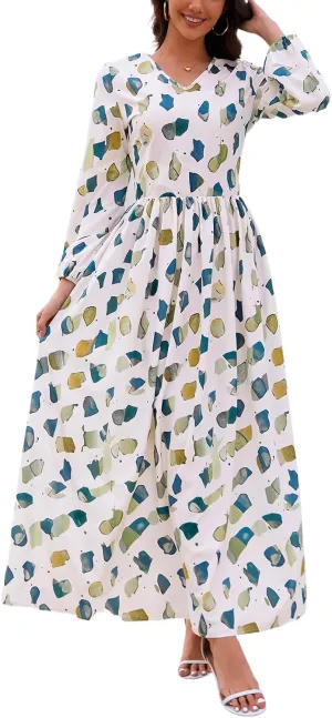 MsavigVice Women's Maxi Dresses Floral Printed Boho Casual V Neck Long Sleeve Elastic Waist Loose Floor Length Dress