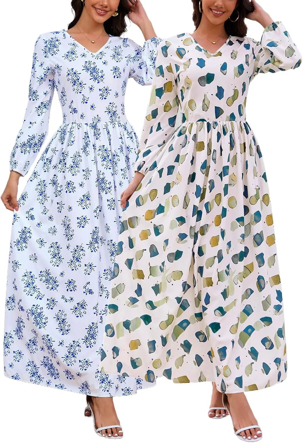 MsavigVice Women's Maxi Dresses Floral Printed Boho Casual V Neck Long Sleeve Elastic Waist Loose Floor Length Dress